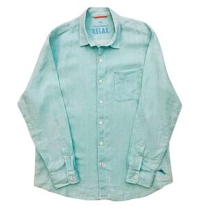 Tommy Bahama Relax Mens Large 100% Linen Shirt Aqua Blue Button Up, Beach Summer